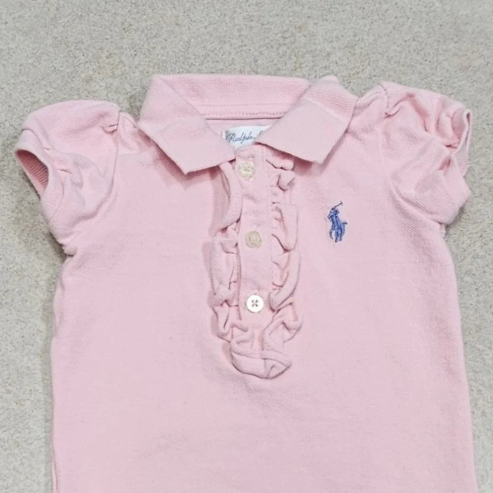 Ralph Lauren Polo Bodysuit Baby Girl 3M Pink Ruffle Short Sleeve Preppy Classic